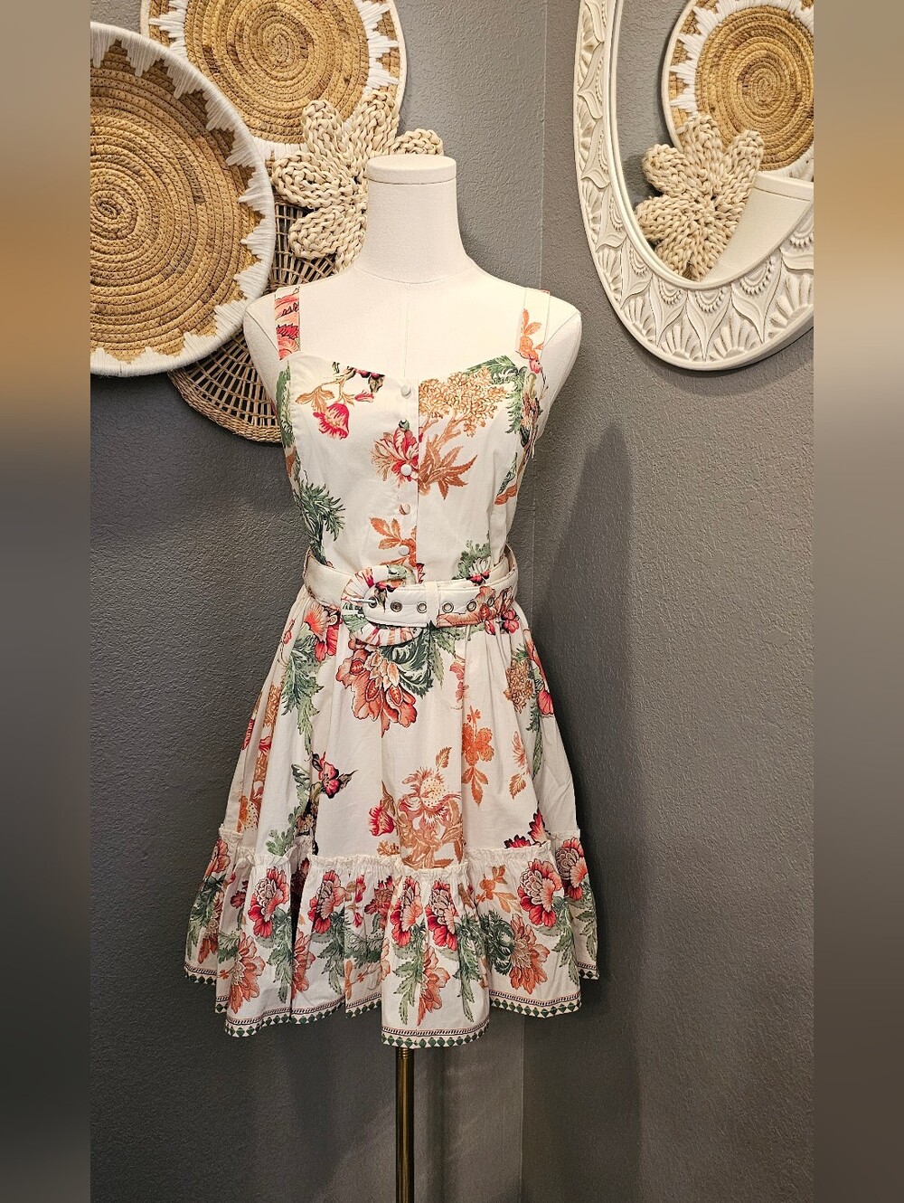 Caroline Constas Bette Belted Cotton Mini Dress Warm Multi Floral, Size-S, NWT